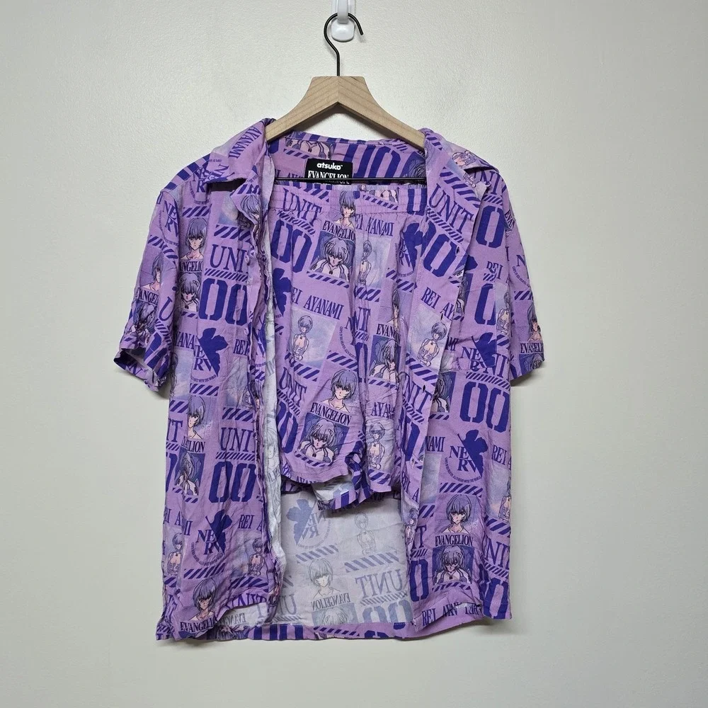 Evangelion Eva Unit-00 Purple Button-Down‎ Shirt Rei Ayanami Atsuko Swim Trunks